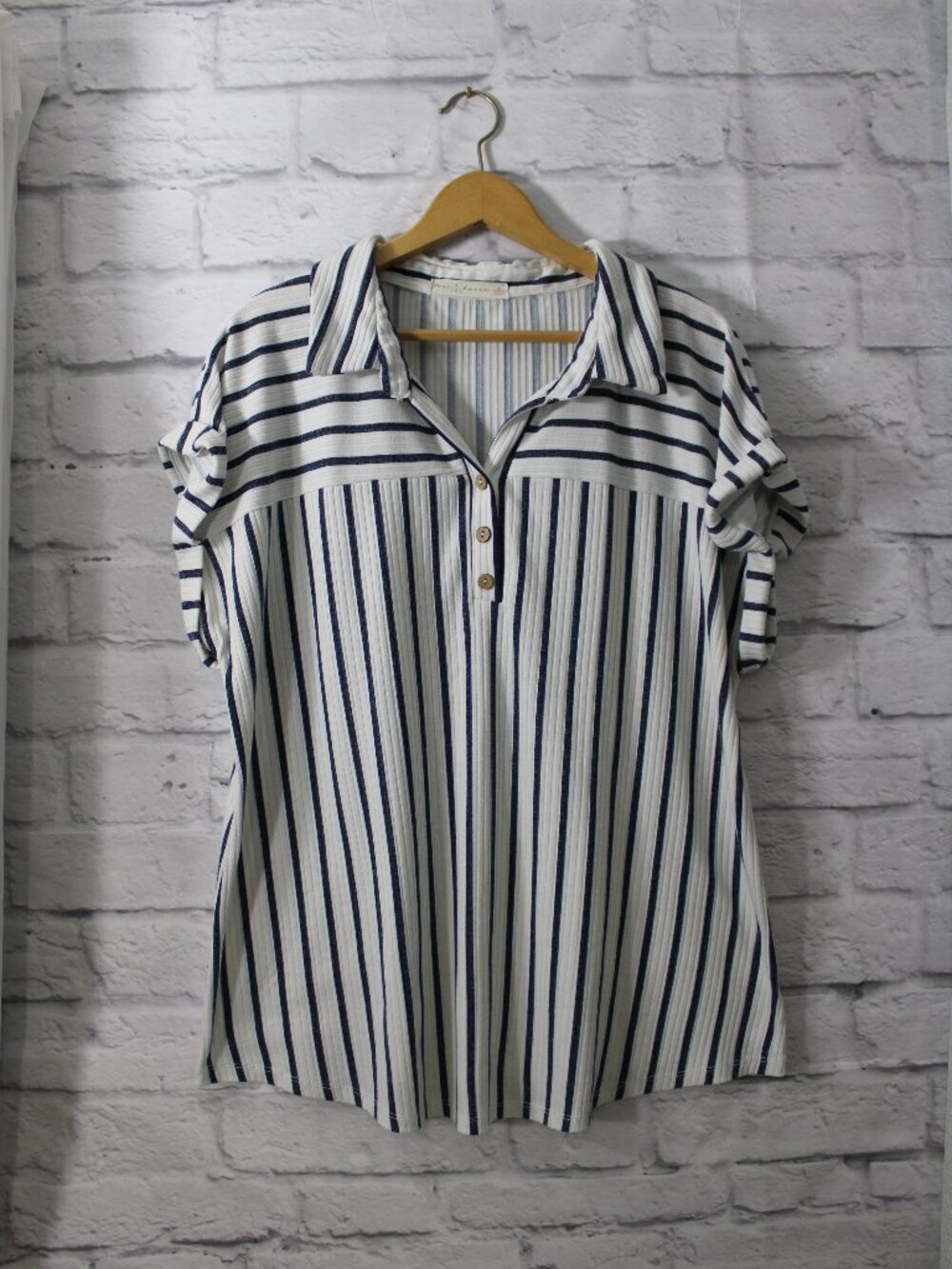 Fair Haven 2XL Blue White Striped Shortsleeve Collared Button Casual Blouse